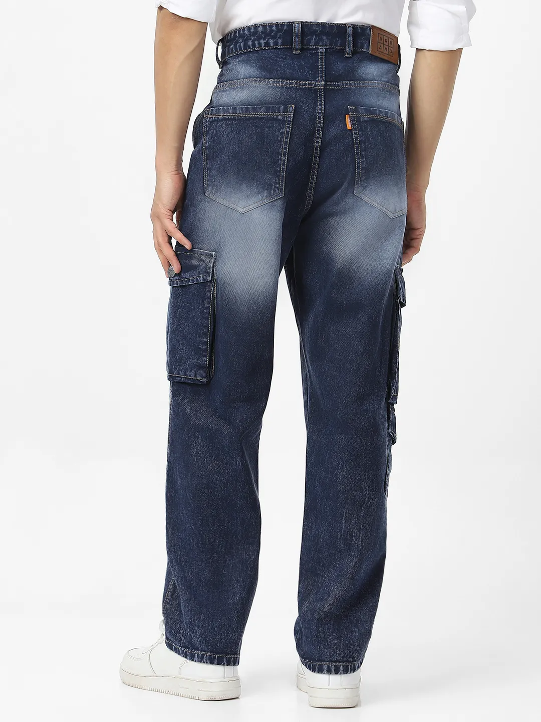 Men's Navy Loose Fit Cargo Jeans With 7 Pockets Non Stretchable