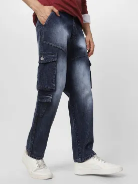 Men's Navy Loose Fit Cargo Jeans With 7 Pockets Non Stretchable