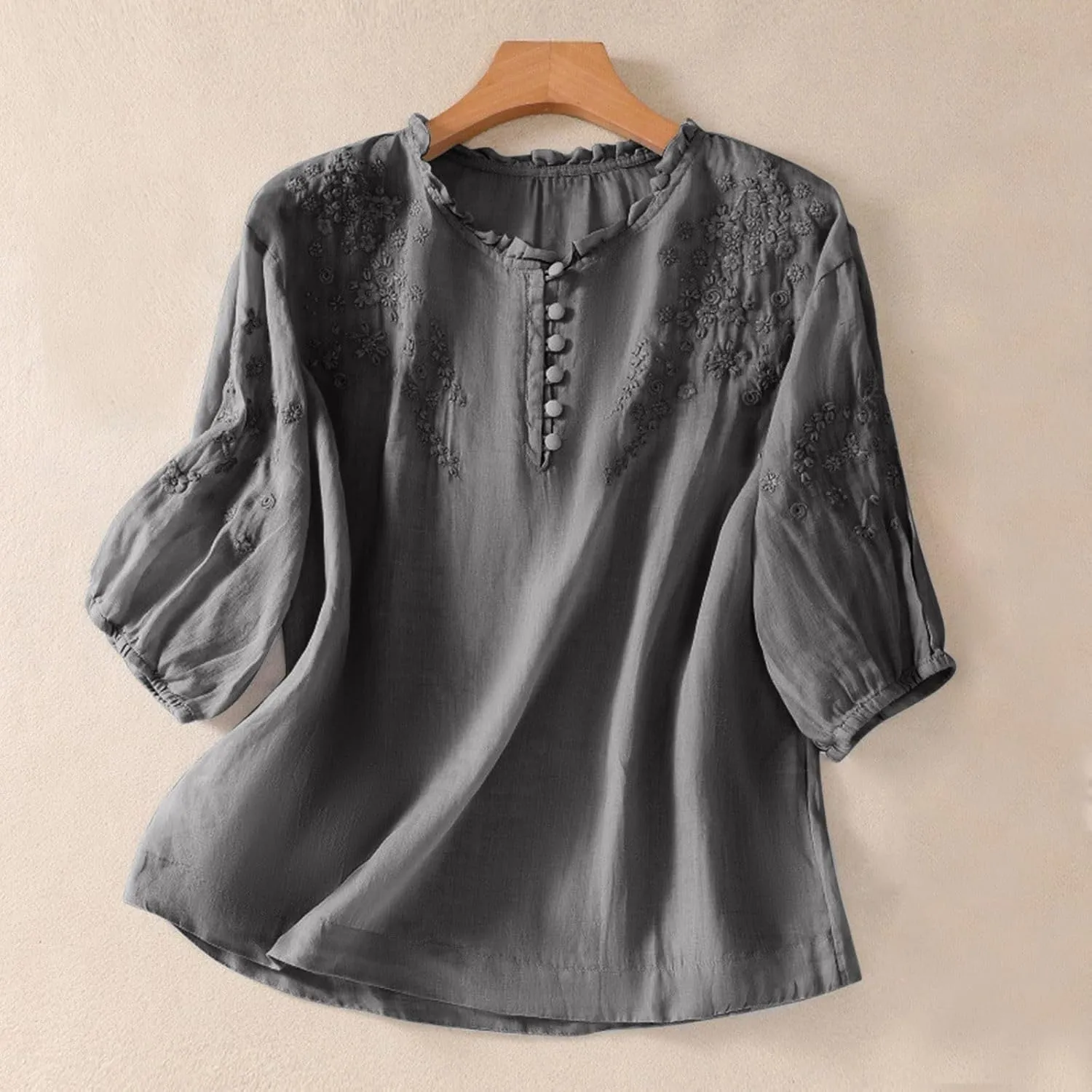 Mexican Embroidered Tops for Women Summer Cotton Linen Shirt Casual Short Sleeve Round Neck Blouse Tees