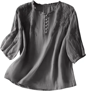Mexican Embroidered Tops for Women Summer Cotton Linen Shirt Casual Short Sleeve Round Neck Blouse Tees