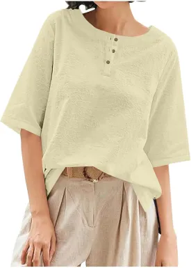 Mexican Embroidered Tops for Women Summer Cotton Linen Shirt Trendy Round Neck Tees Casual Short Sleeve Top