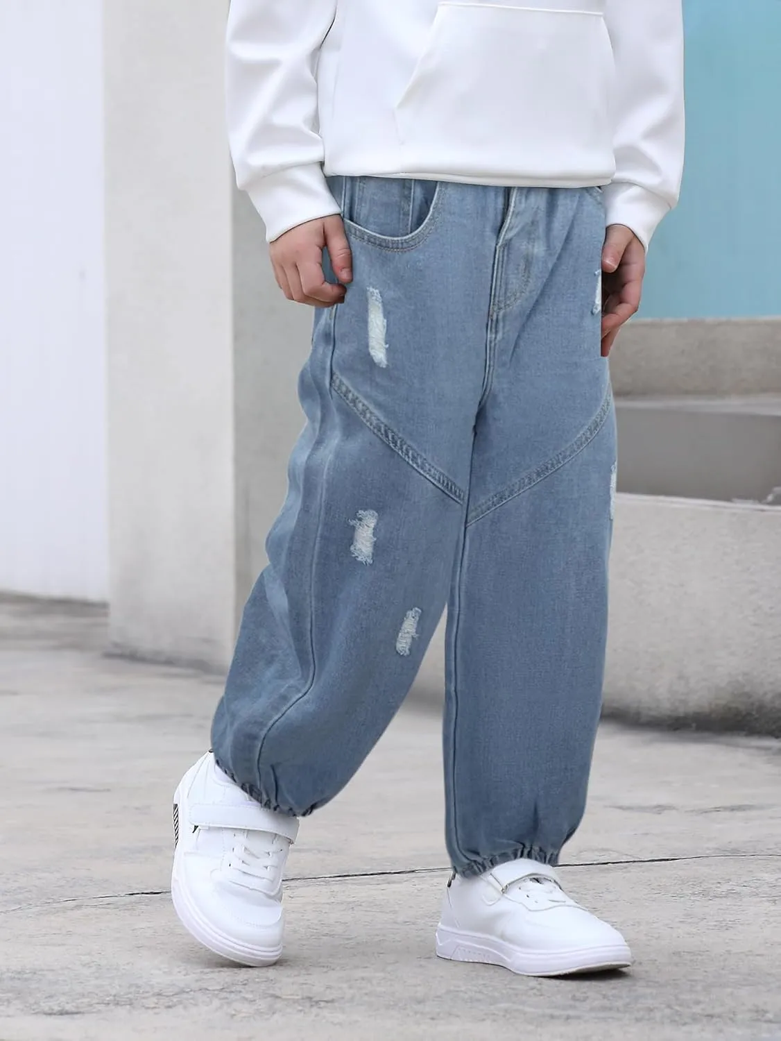 MyFav Boys' Ripped Denim Jeans Taper Fit Kids Fashion Loose Casual Trousers Long Pants