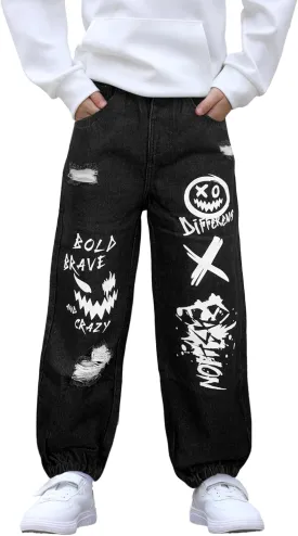 MyFav Boys' Ripped Denim Jeans Taper Fit Kids Fashion Loose Casual Trousers Long Pants