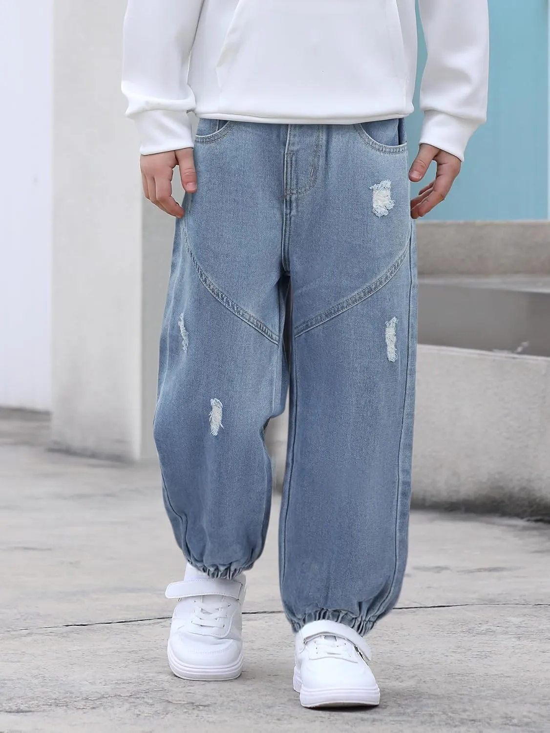 MyFav Boys' Ripped Denim Jeans Taper Fit Kids Fashion Loose Casual Trousers Long Pants