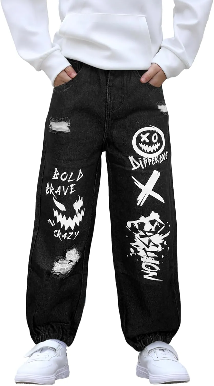 MyFav Boys' Ripped Denim Jeans Taper Fit Kids Fashion Loose Casual Trousers Long Pants