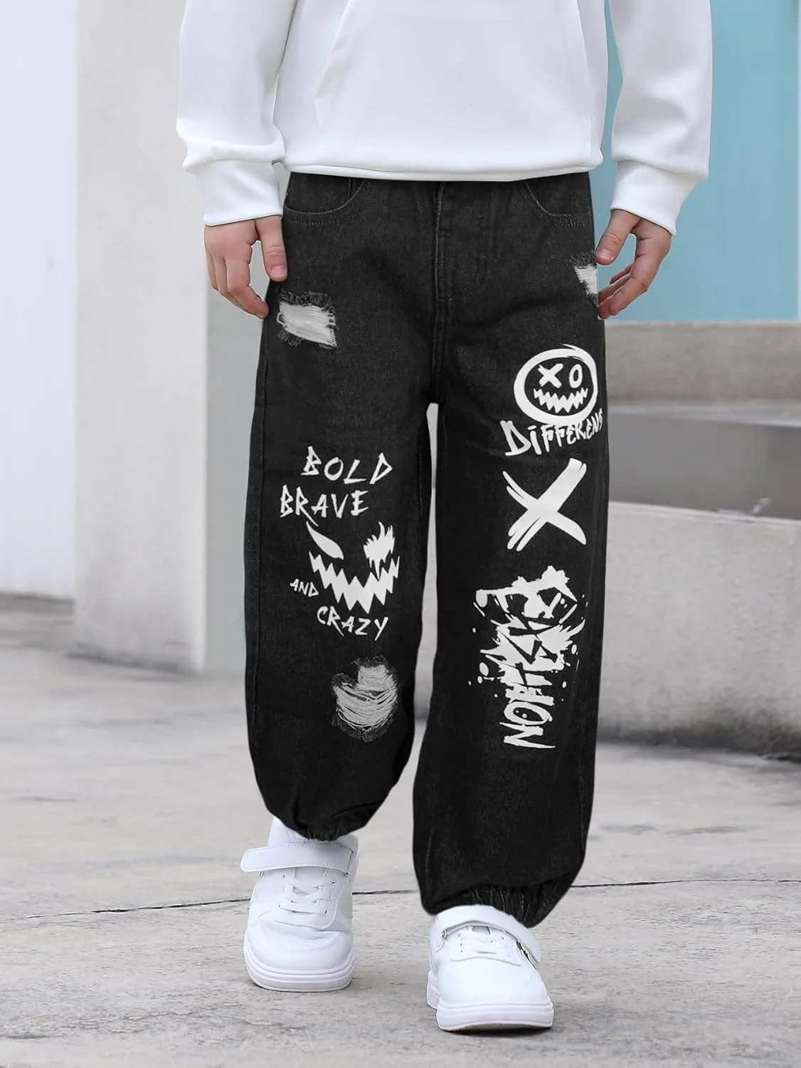 MyFav Boys' Ripped Denim Jeans Taper Fit Kids Fashion Loose Casual Trousers Long Pants