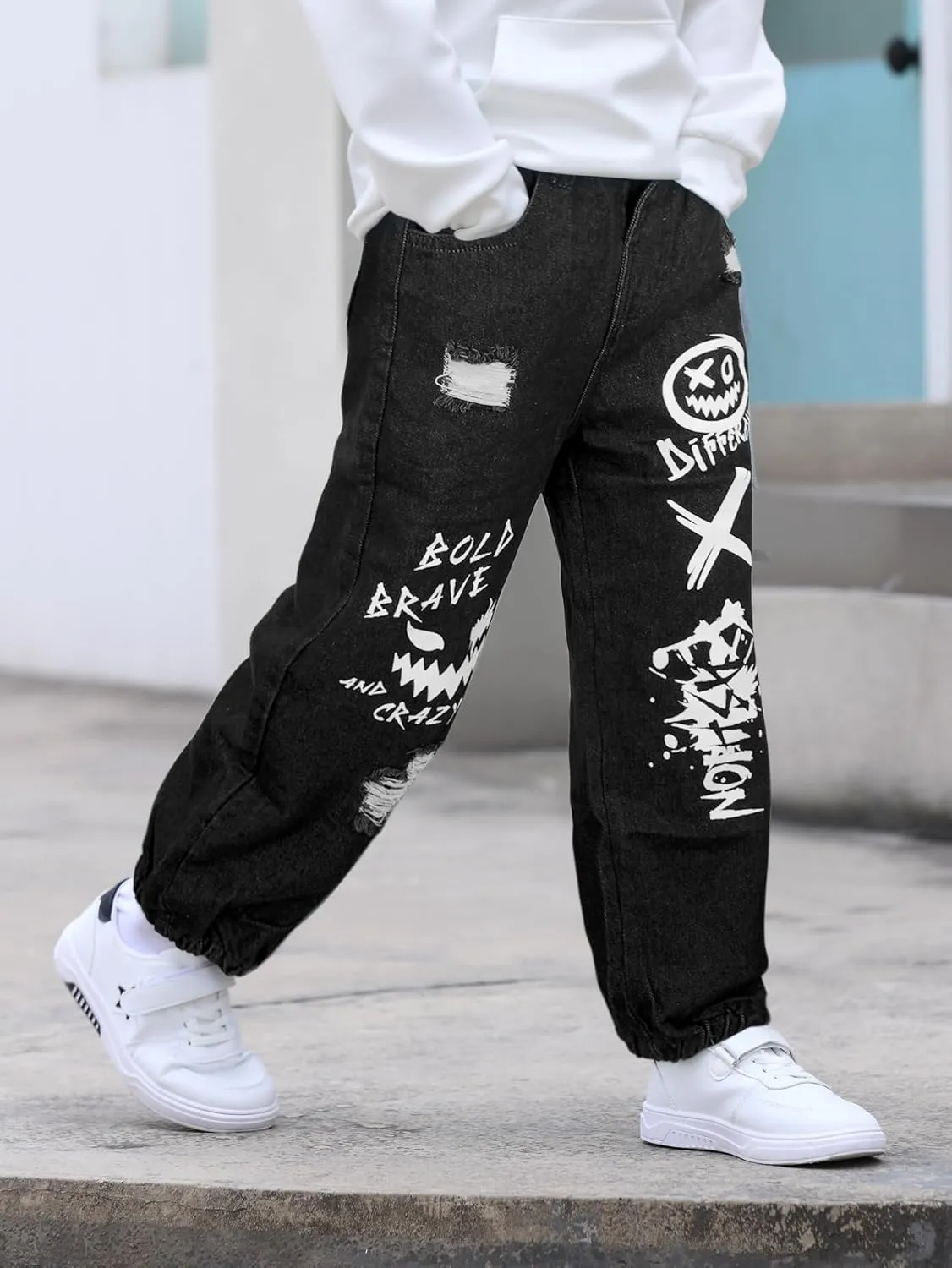 MyFav Boys' Ripped Denim Jeans Taper Fit Kids Fashion Loose Casual Trousers Long Pants
