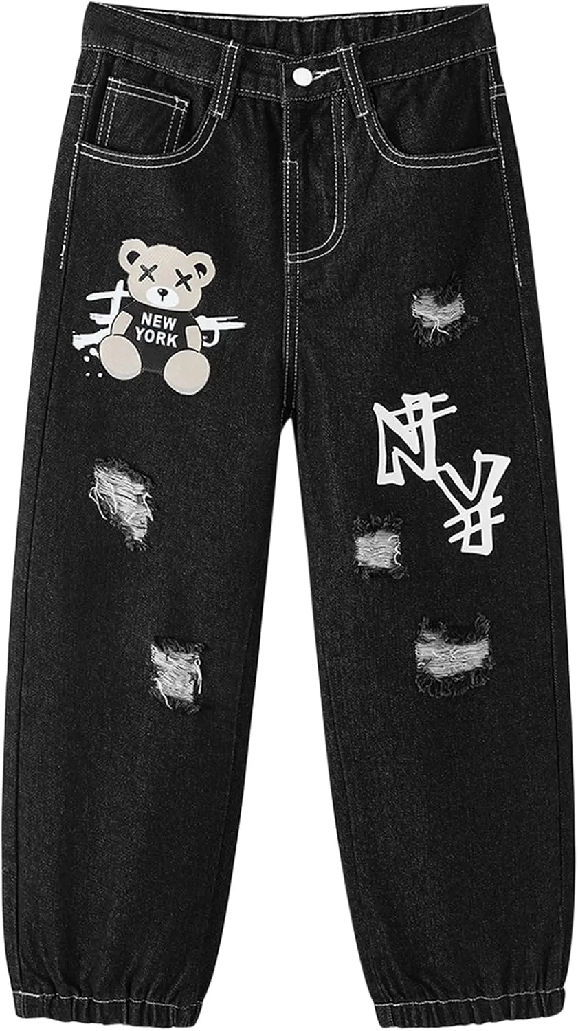 MyFav Boys' Ripped Denim Jeans Taper Fit Kids Fashion Loose Casual Trousers Long Pants