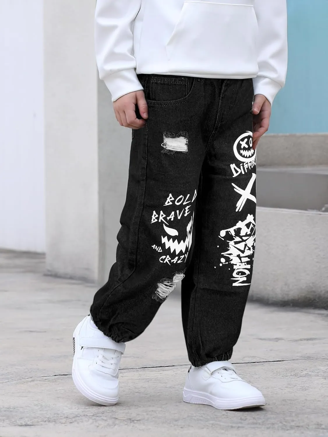MyFav Boys' Ripped Denim Jeans Taper Fit Kids Fashion Loose Casual Trousers Long Pants