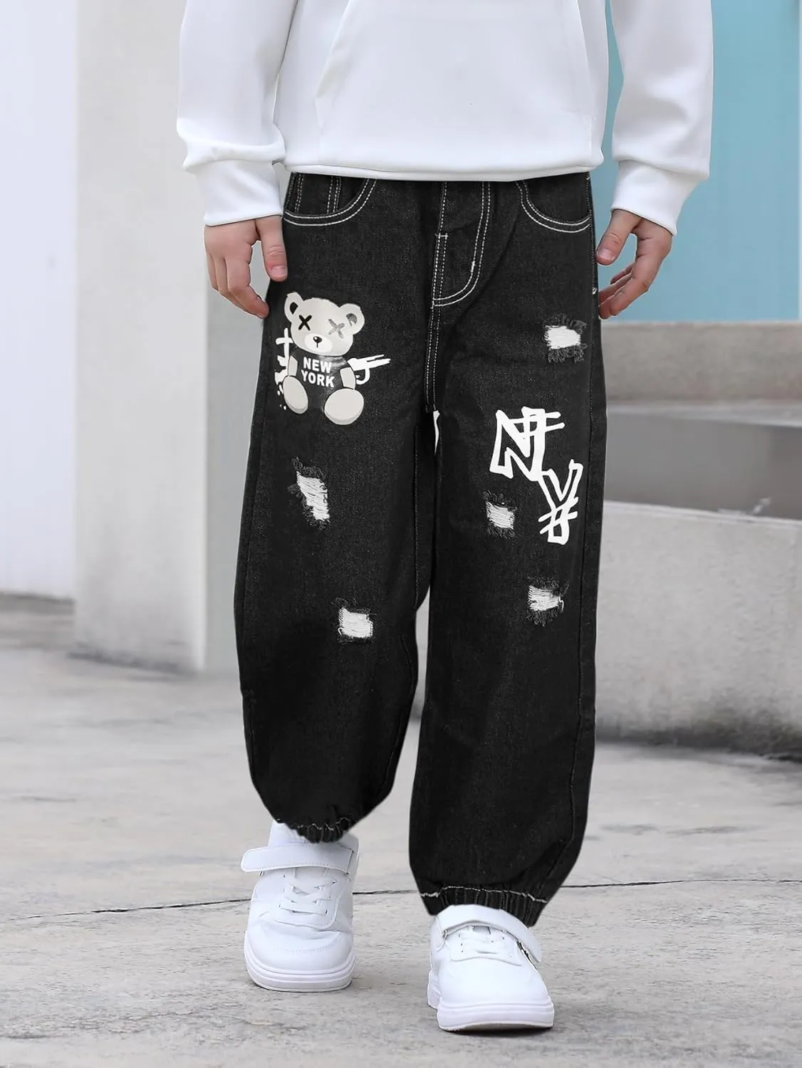 MyFav Boys' Ripped Denim Jeans Taper Fit Kids Fashion Loose Casual Trousers Long Pants