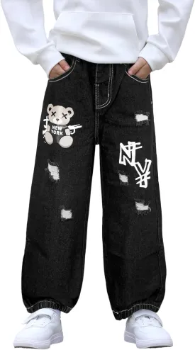 MyFav Boys' Ripped Denim Jeans Taper Fit Kids Fashion Loose Casual Trousers Long Pants