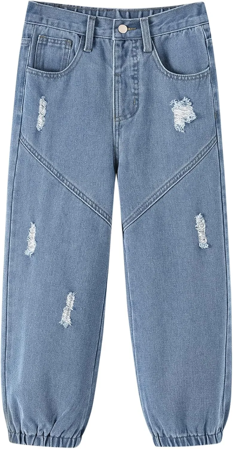 MyFav Boys' Ripped Denim Jeans Taper Fit Kids Fashion Loose Casual Trousers Long Pants