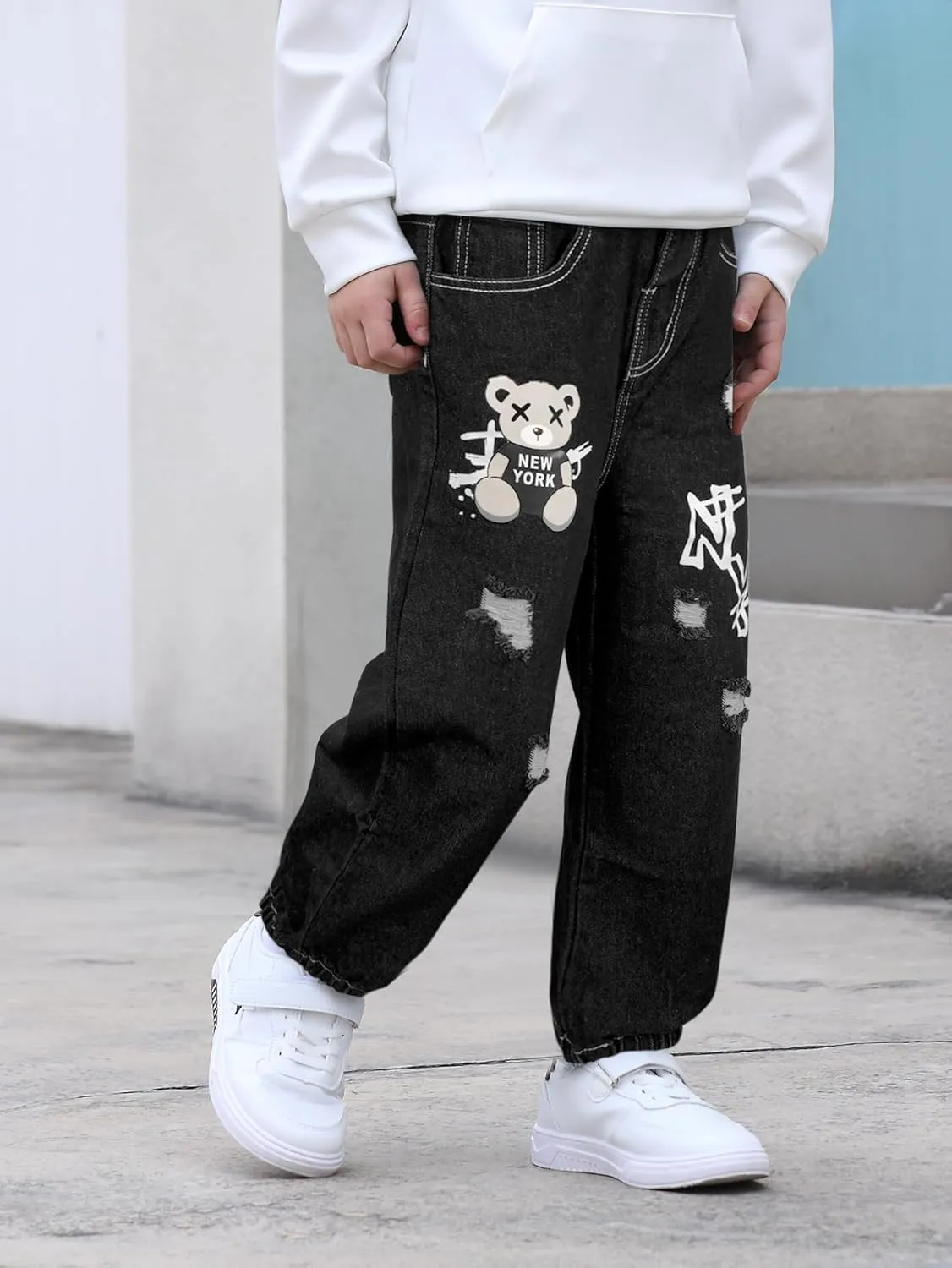 MyFav Boys' Ripped Denim Jeans Taper Fit Kids Fashion Loose Casual Trousers Long Pants