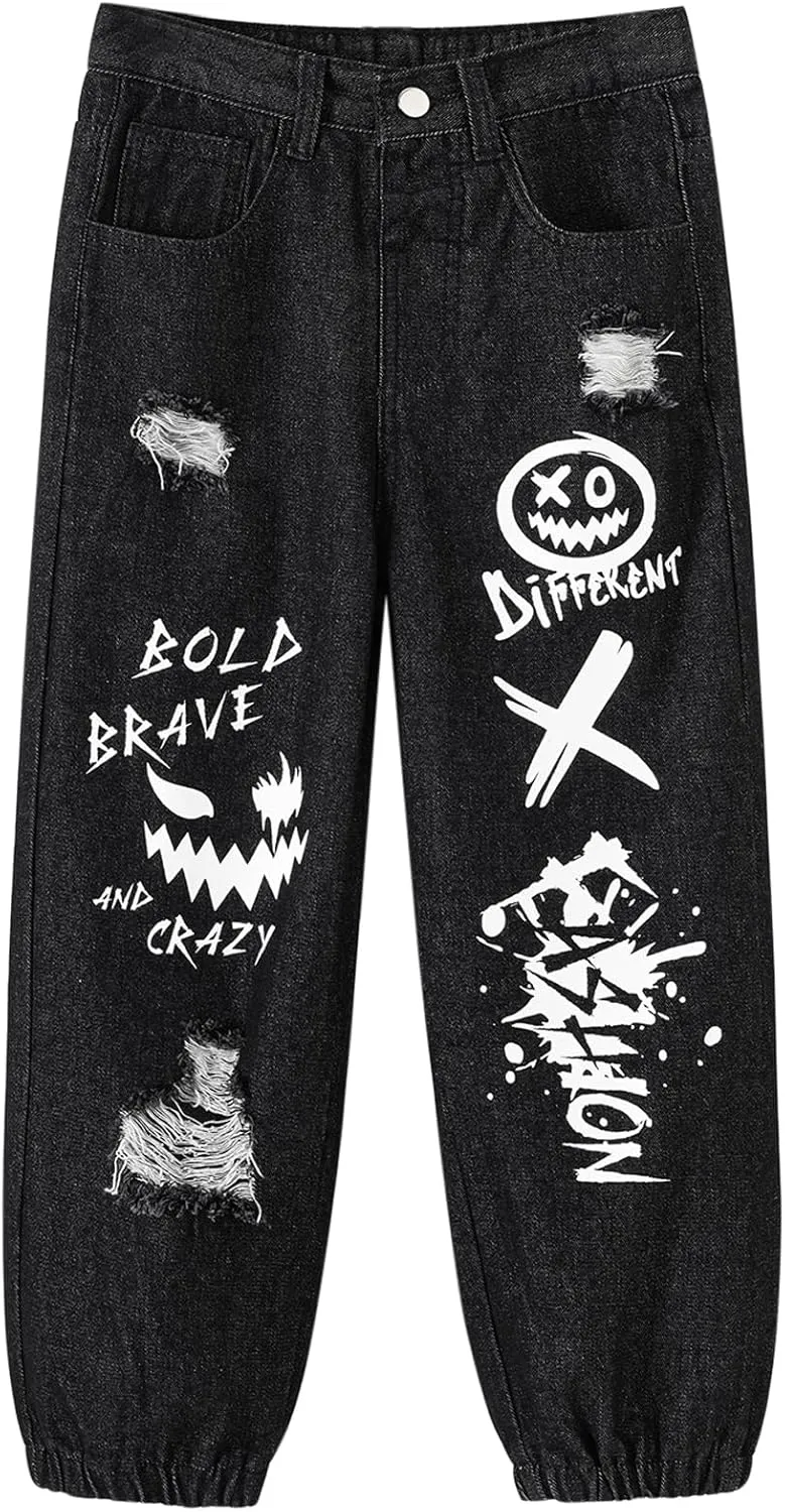 MyFav Boys' Ripped Denim Jeans Taper Fit Kids Fashion Loose Casual Trousers Long Pants