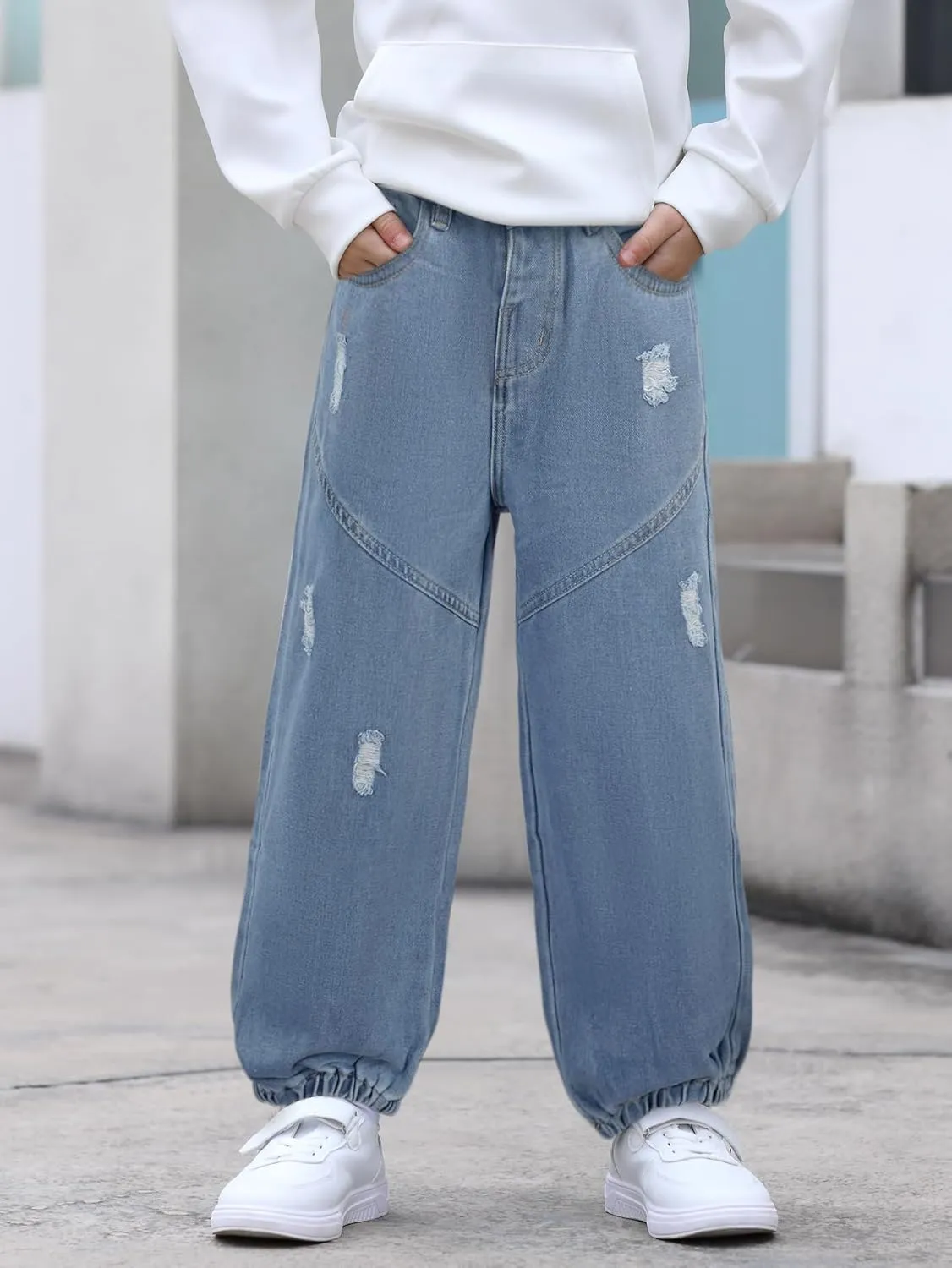 MyFav Boys' Ripped Denim Jeans Taper Fit Kids Fashion Loose Casual Trousers Long Pants