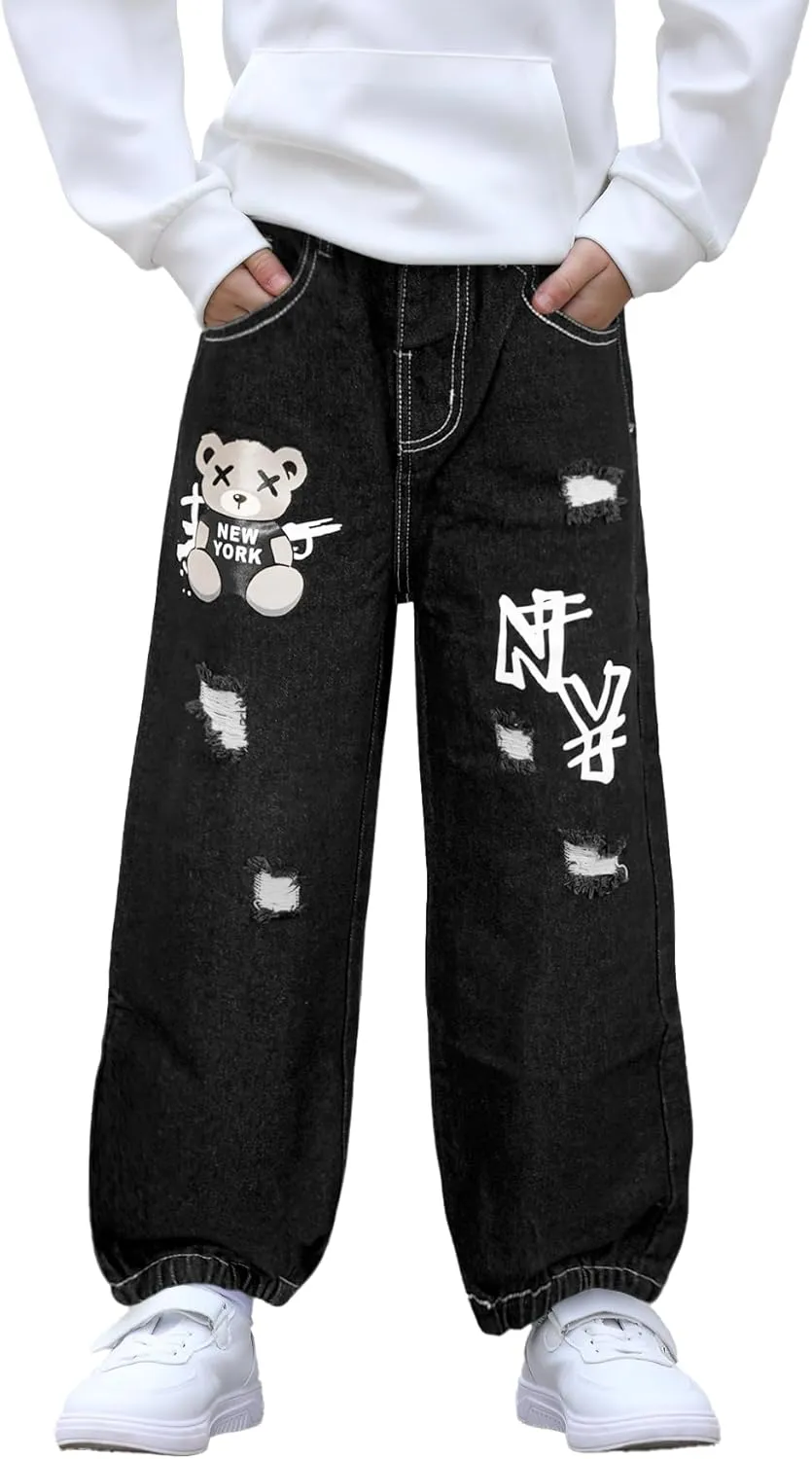 MyFav Boys' Ripped Denim Jeans Taper Fit Kids Fashion Loose Casual Trousers Long Pants