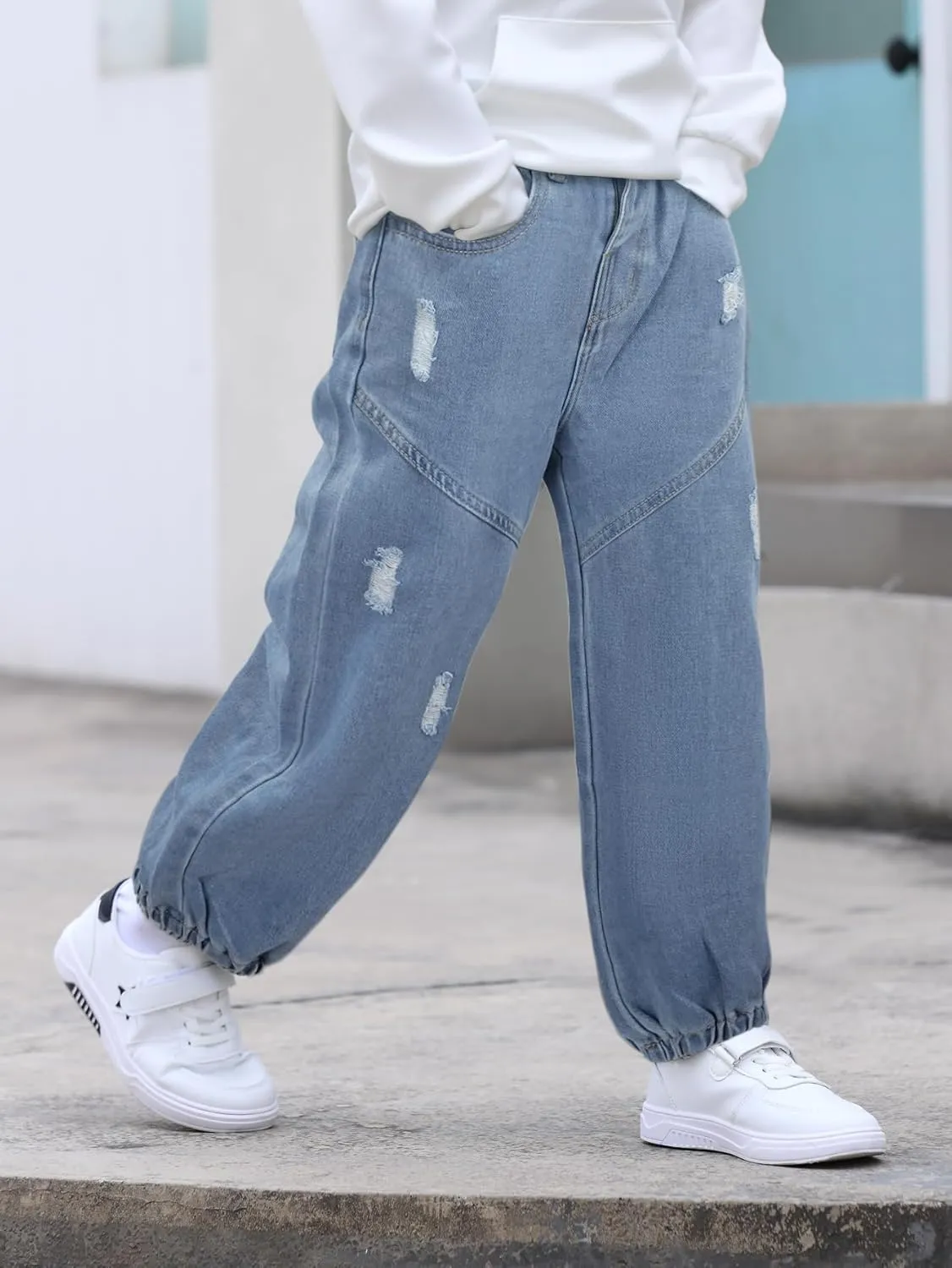 MyFav Boys' Ripped Denim Jeans Taper Fit Kids Fashion Loose Casual Trousers Long Pants