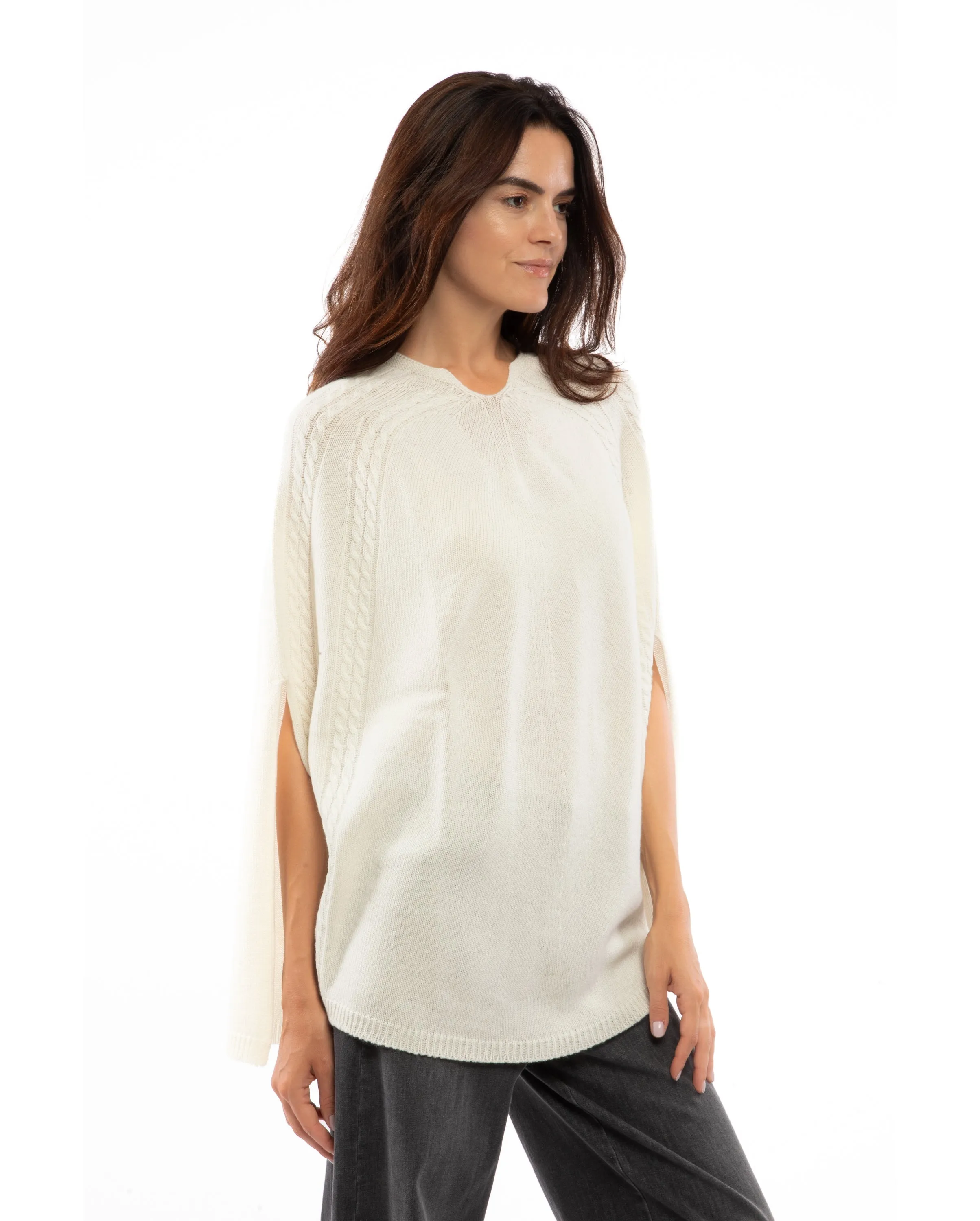 NEW FALL 24 - Women's Pure Cashmere Elegant Cable Knit Poncho Milk White