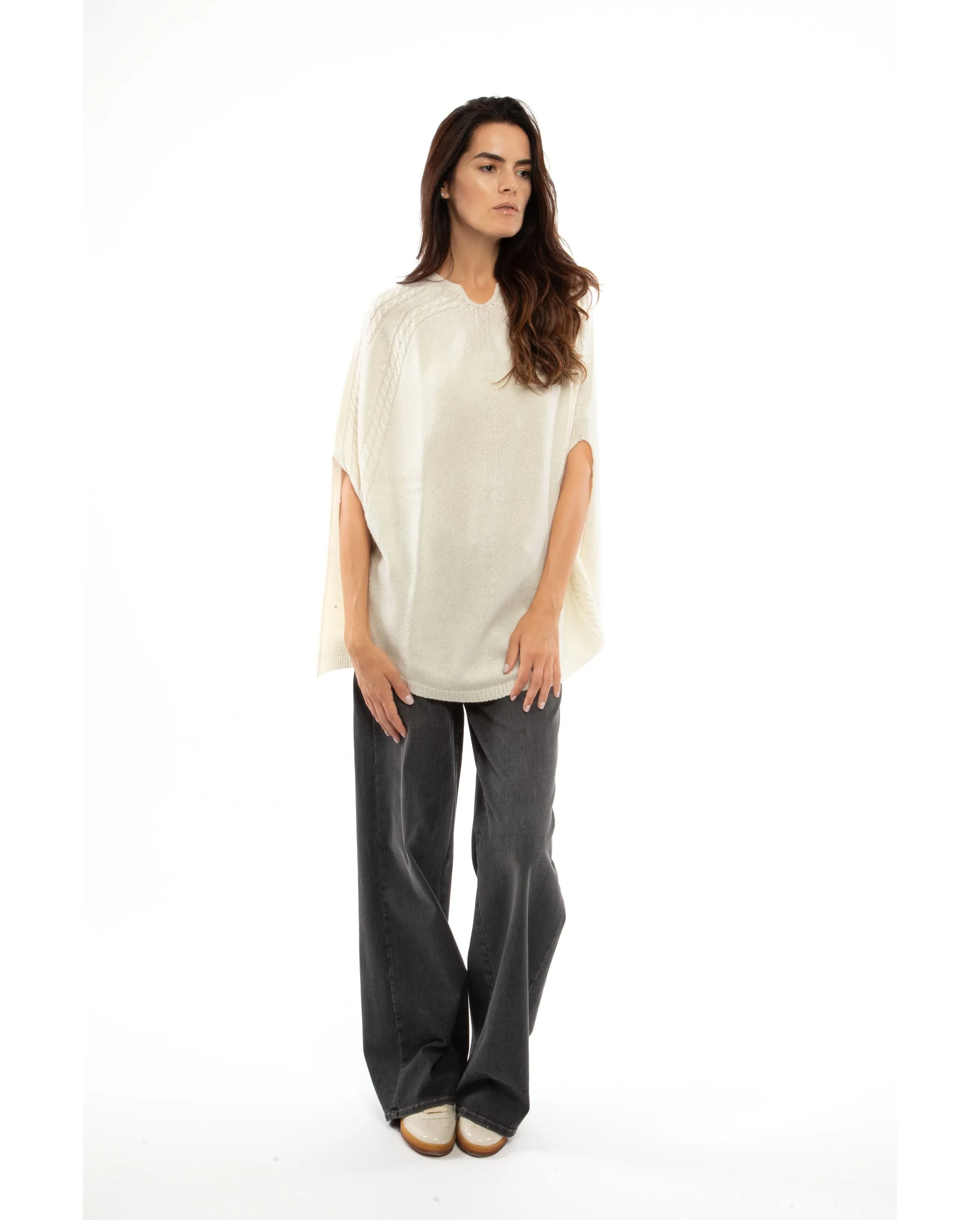 NEW FALL 24 - Women's Pure Cashmere Elegant Cable Knit Poncho Milk White