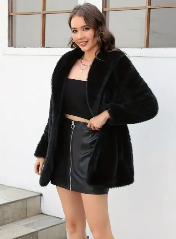 NEW Shawl Collar Button Front Ultra Soft Faux Mink Coat, Elegant Thermal Long Sleeve Fluffy Coat For Winter Satin Lined, Black Women's Clothing, Sz S, Retails $89