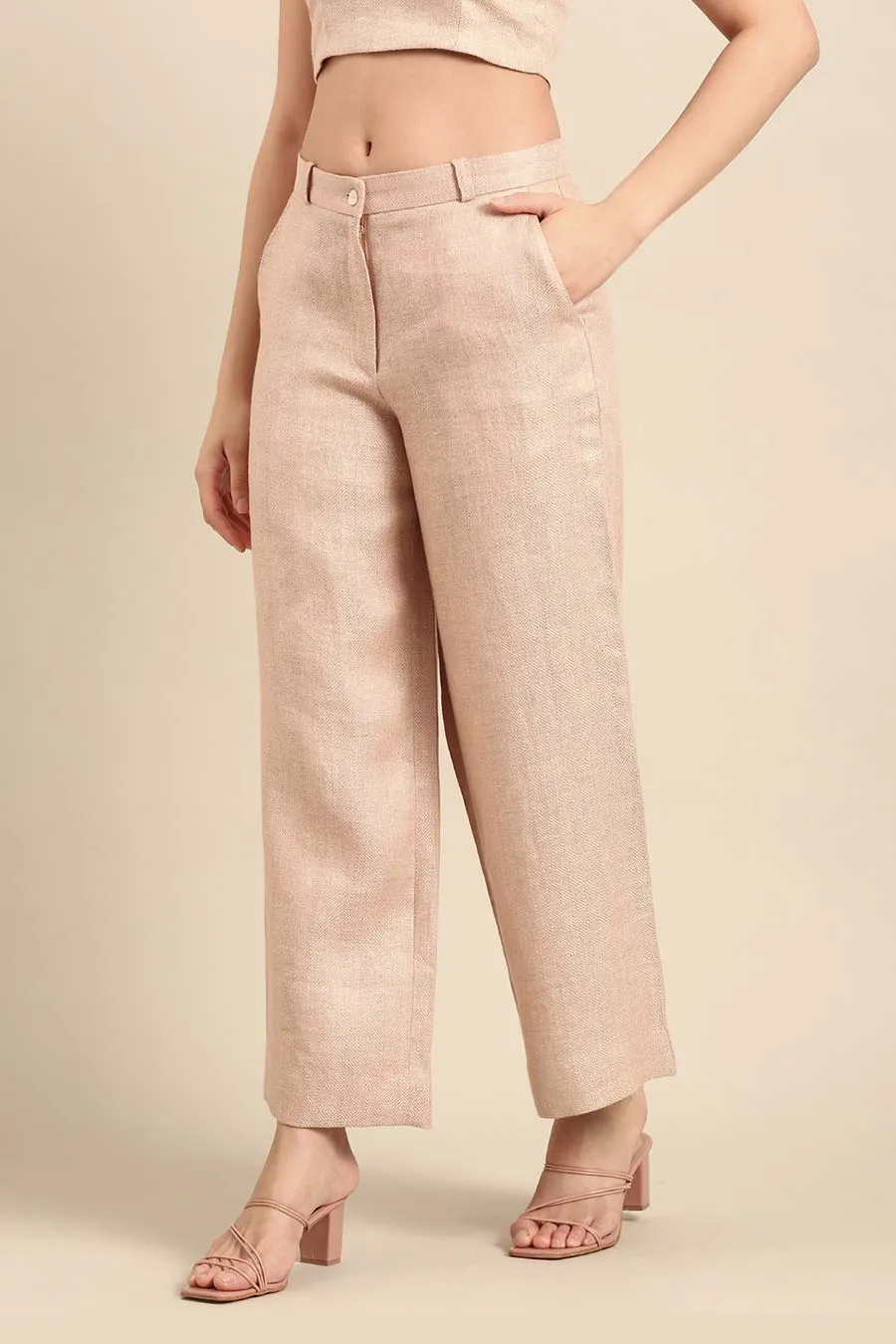 Peach Linen Jacquard Wide-Leg Pant