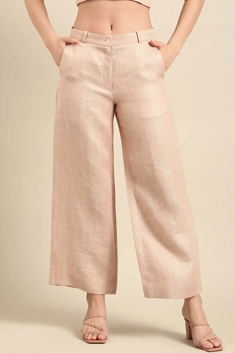 Peach Linen Jacquard Wide-Leg Pant