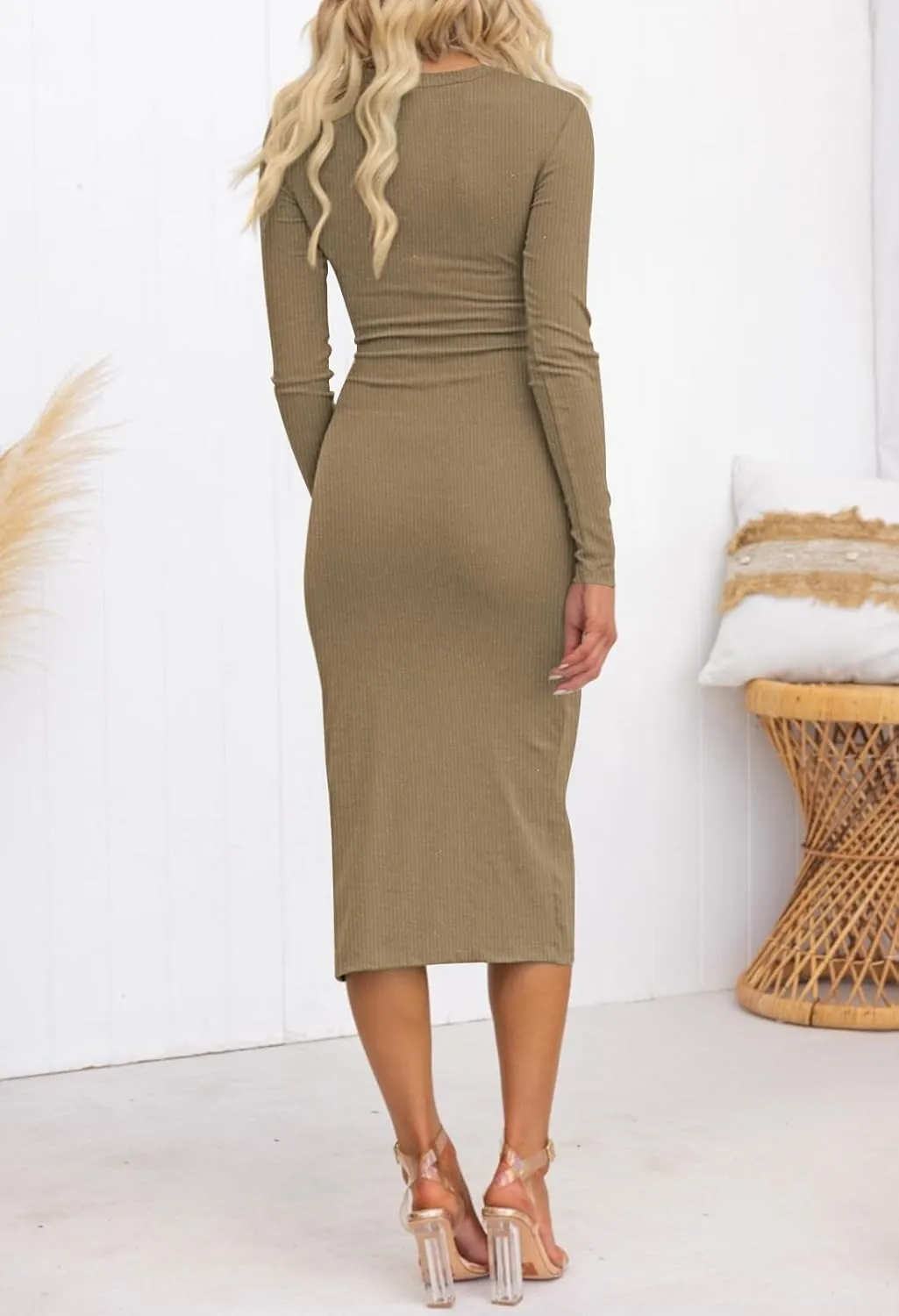 Pink Queen Women's Crew Neck Long Sleeve Midi Dress Cutout Twist Front Bodycon Slit Pencil Ribbed Knit Dresses