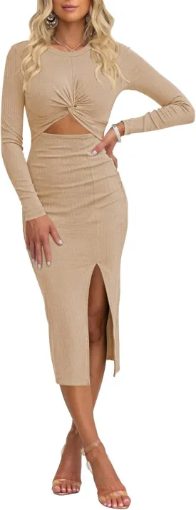 Pink Queen Women's Crew Neck Long Sleeve Midi Dress Cutout Twist Front Bodycon Slit Pencil Ribbed Knit Dresses