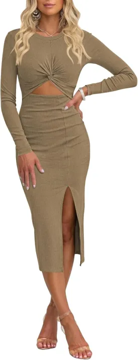 Pink Queen Women's Crew Neck Long Sleeve Midi Dress Cutout Twist Front Bodycon Slit Pencil Ribbed Knit Dresses