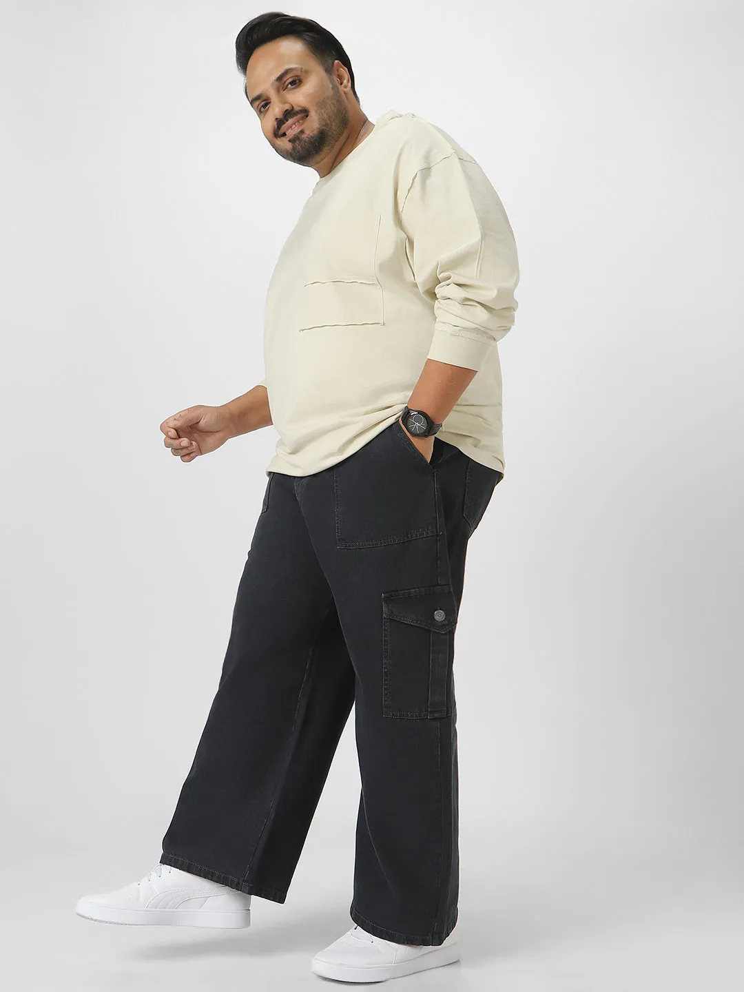 Plus Men's Dark Grey Loose Baggy Fit Cargo Jeans with 6 Pockets Non-Stretchable