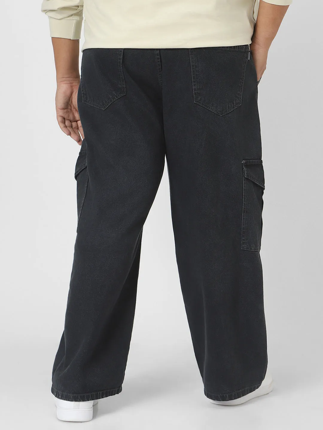 Plus Men's Dark Grey Loose Baggy Fit Cargo Jeans with 6 Pockets Non-Stretchable
