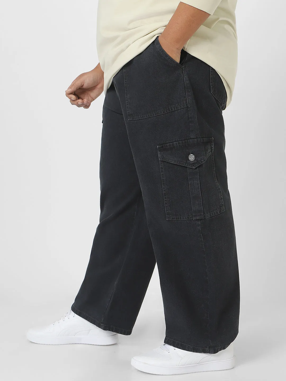 Plus Men's Dark Grey Loose Baggy Fit Cargo Jeans with 6 Pockets Non-Stretchable