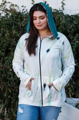 Plus Size White Green Feather Tie-Dye Print Contrast Camo Hood Zip Up Sweatshirt