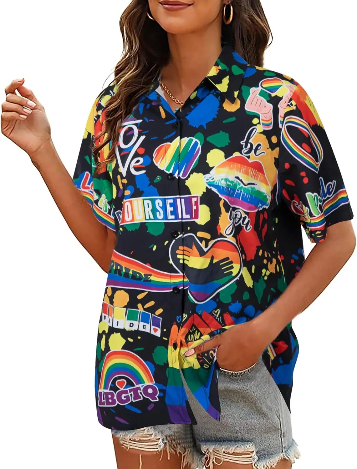 Pride Outfits for Women LGBT Shirts - Rainbow Graphic Tees Inspirational V Neck T-Shirt Short Sleeve Button up Tops