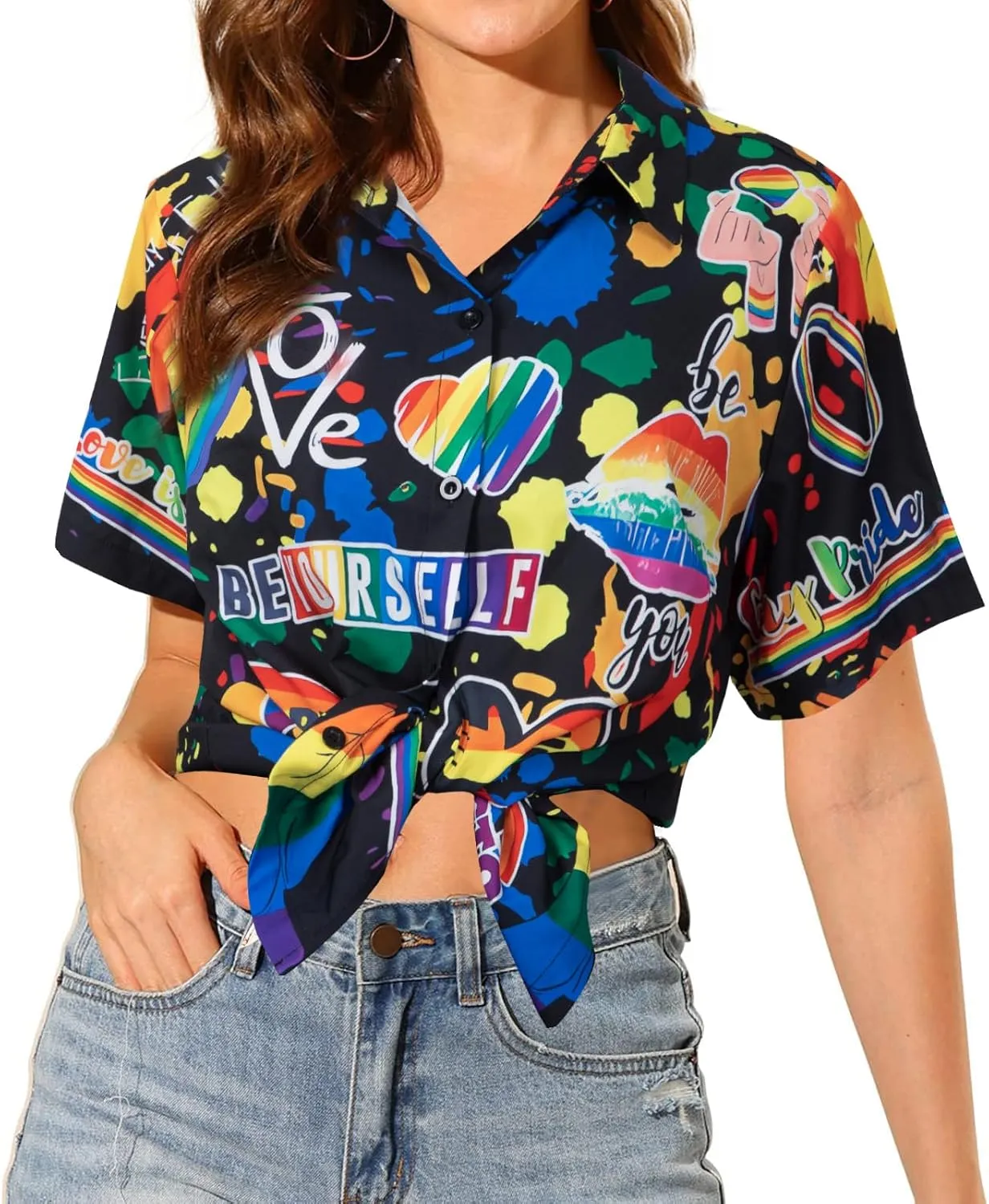 Pride Outfits for Women LGBT Shirts - Rainbow Graphic Tees Inspirational V Neck T-Shirt Short Sleeve Button up Tops