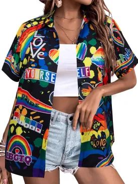 Pride Outfits for Women LGBT Shirts - Rainbow Graphic Tees Inspirational V Neck T-Shirt Short Sleeve Button up Tops