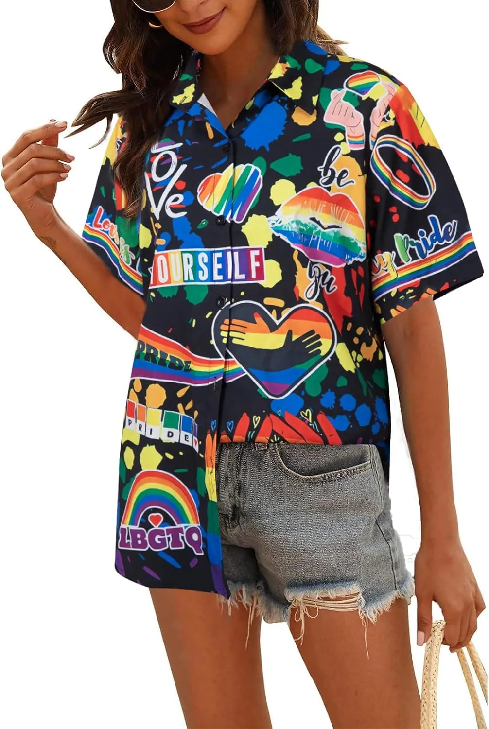 Pride Outfits for Women LGBT Shirts - Rainbow Graphic Tees Inspirational V Neck T-Shirt Short Sleeve Button up Tops