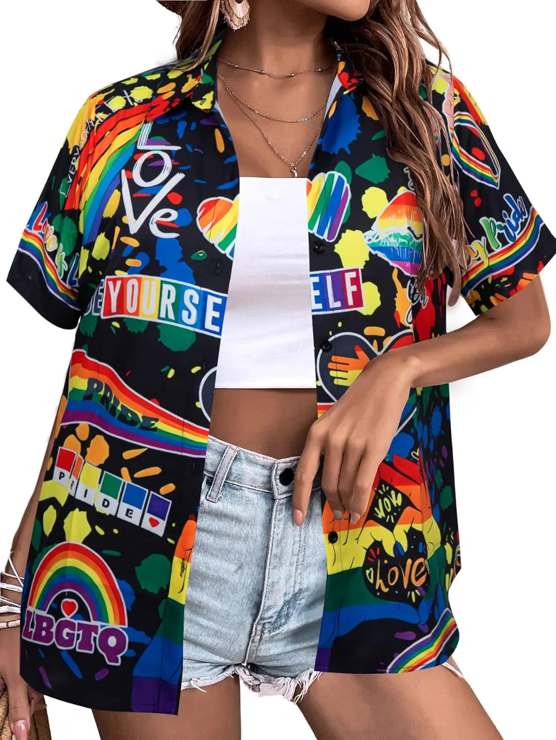 Pride Outfits for Women LGBT Shirts - Rainbow Graphic Tees Inspirational V Neck T-Shirt Short Sleeve Button up Tops