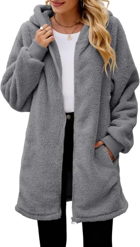 ReachMe Womens Fleece Zip Up Jacket with Pockets Oversized Long Sherpa Hoodie Fuzzy Jackets Warm Teddy Coat