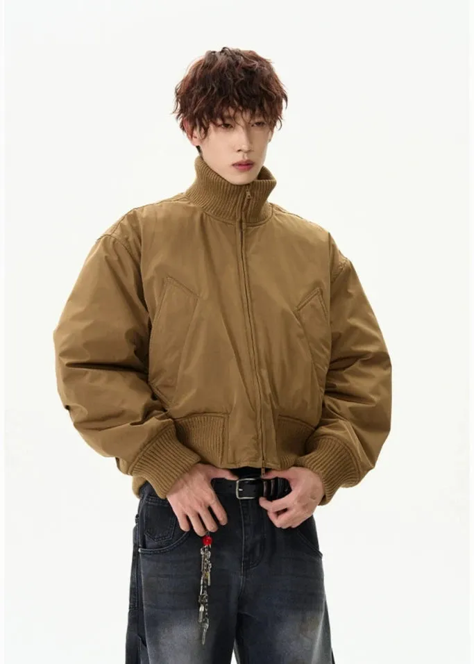 Ribbed Collar Cropped Bomber Flight Jacket