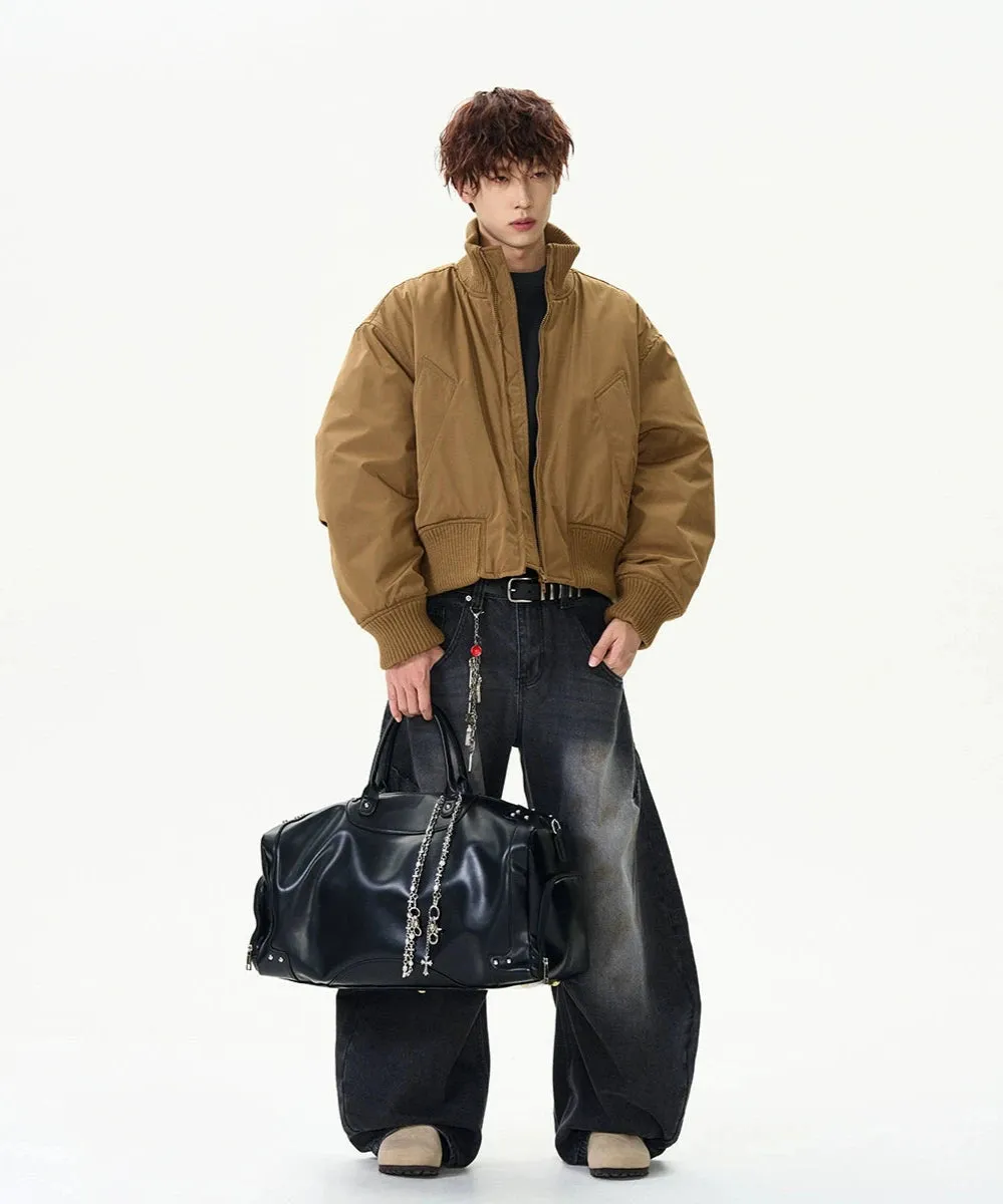 Ribbed Collar Cropped Bomber Flight Jacket