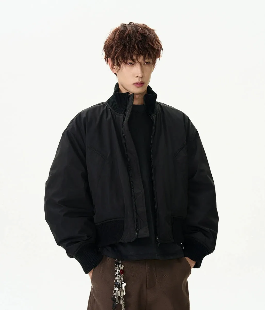 Ribbed Collar Cropped Bomber Flight Jacket