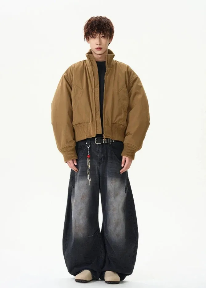 Ribbed Collar Cropped Bomber Flight Jacket