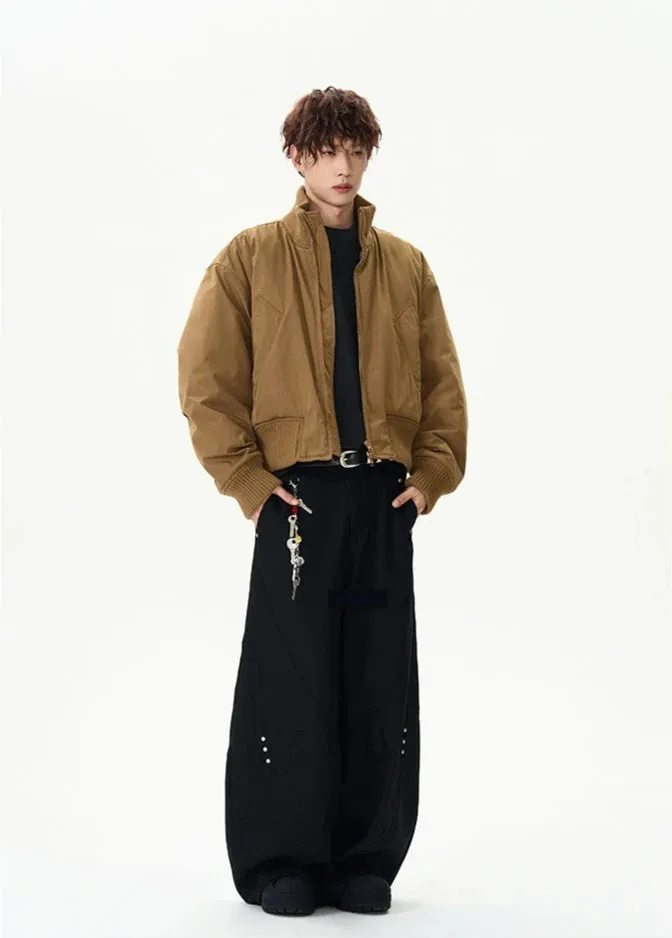 Ribbed Collar Cropped Bomber Flight Jacket