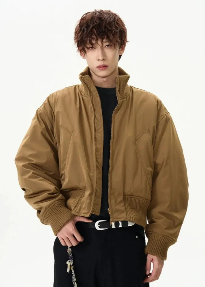 Ribbed Collar Cropped Bomber Flight Jacket