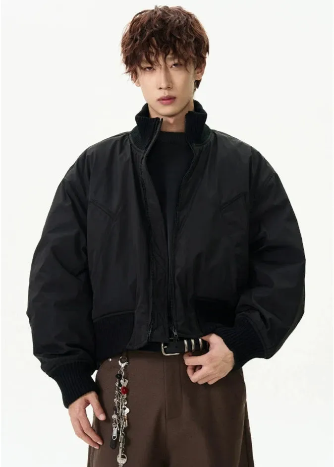 Ribbed Collar Cropped Bomber Flight Jacket