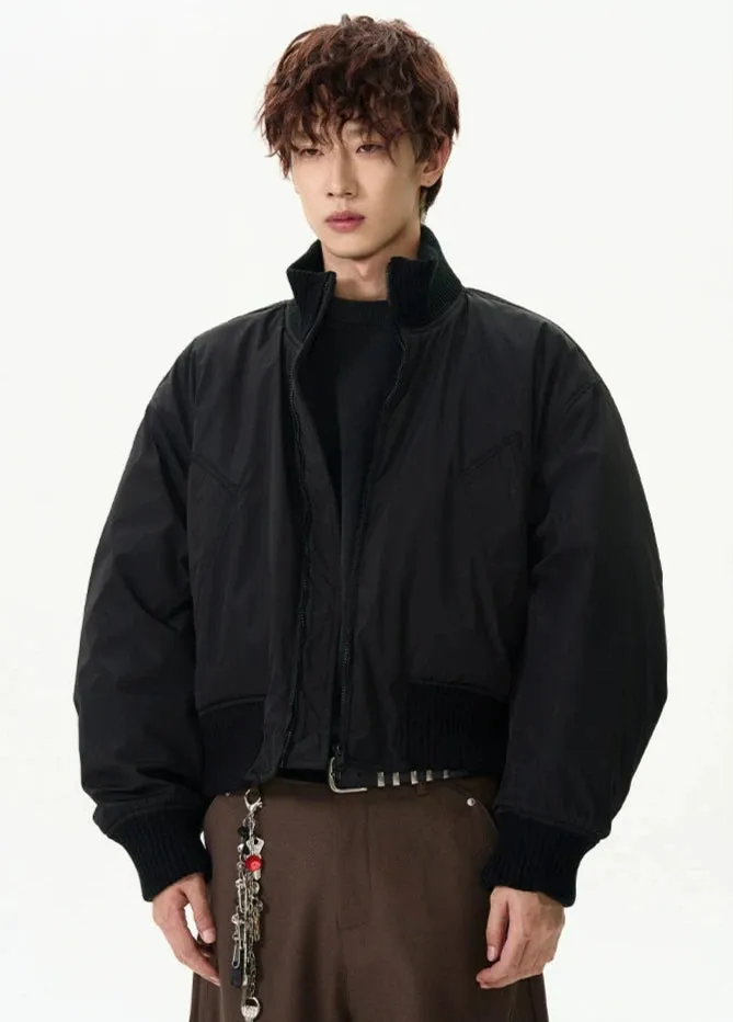Ribbed Collar Cropped Bomber Flight Jacket