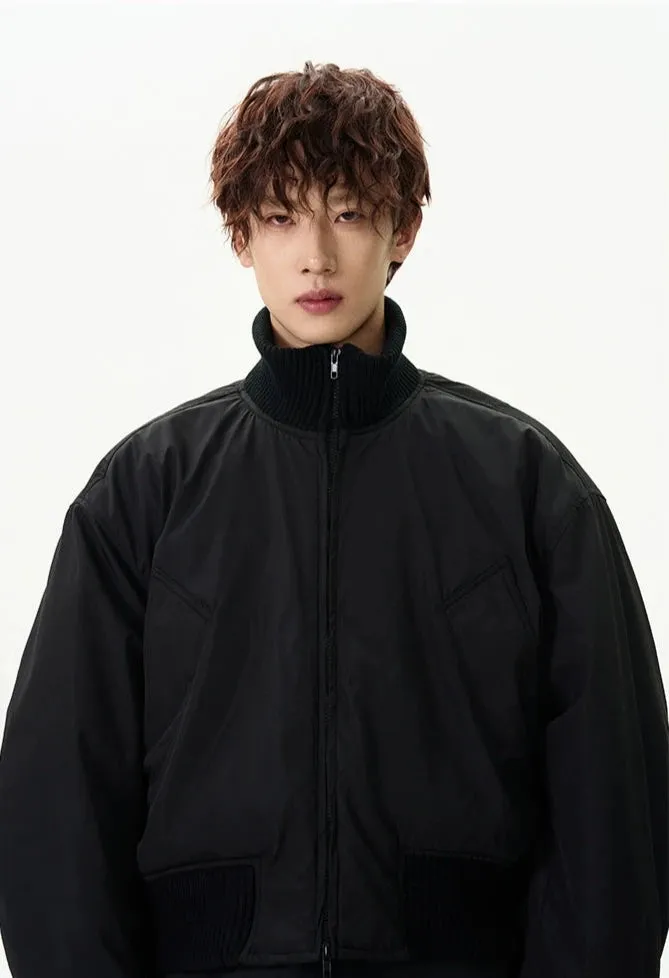 Ribbed Collar Cropped Bomber Flight Jacket
