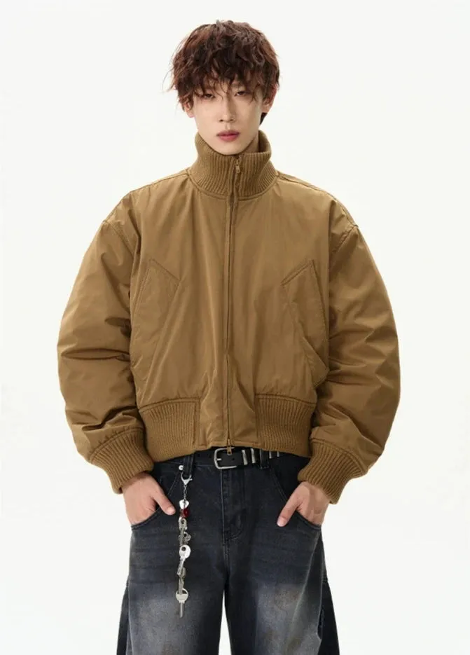 Ribbed Collar Cropped Bomber Flight Jacket