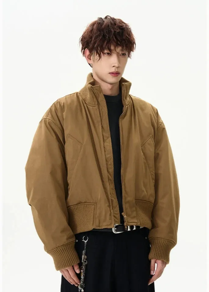 Ribbed Collar Cropped Bomber Flight Jacket